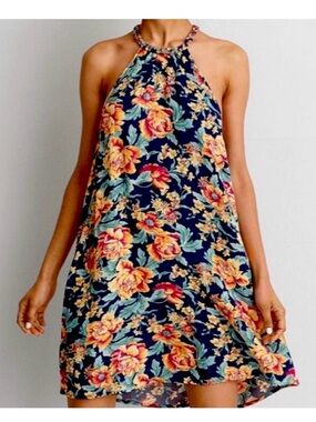 American Eagle Navy Floral Halter Sundress with Yellow Roses